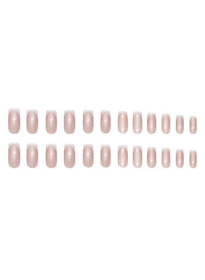 OSTTMA 24Pcs French Tip Press on Nails Short Square Fake Nails Pearl Shine False Nail Glossy Glitter Acrylic Nail Full Cover Glue Stick on Nails French Tips Artificial Fingernails for Women - Image 5